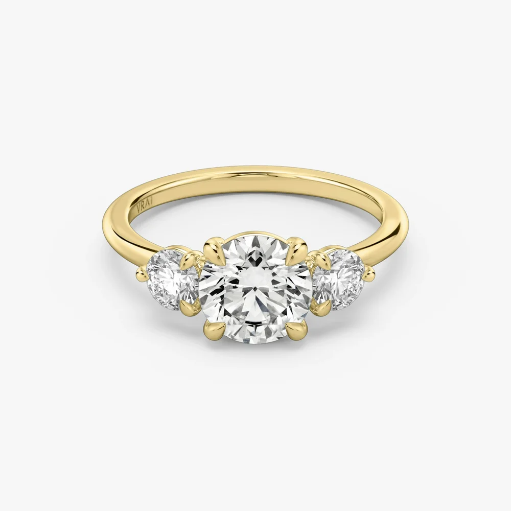 Three Stone Engagement Ring, Round Brilliant, Yellow Gold