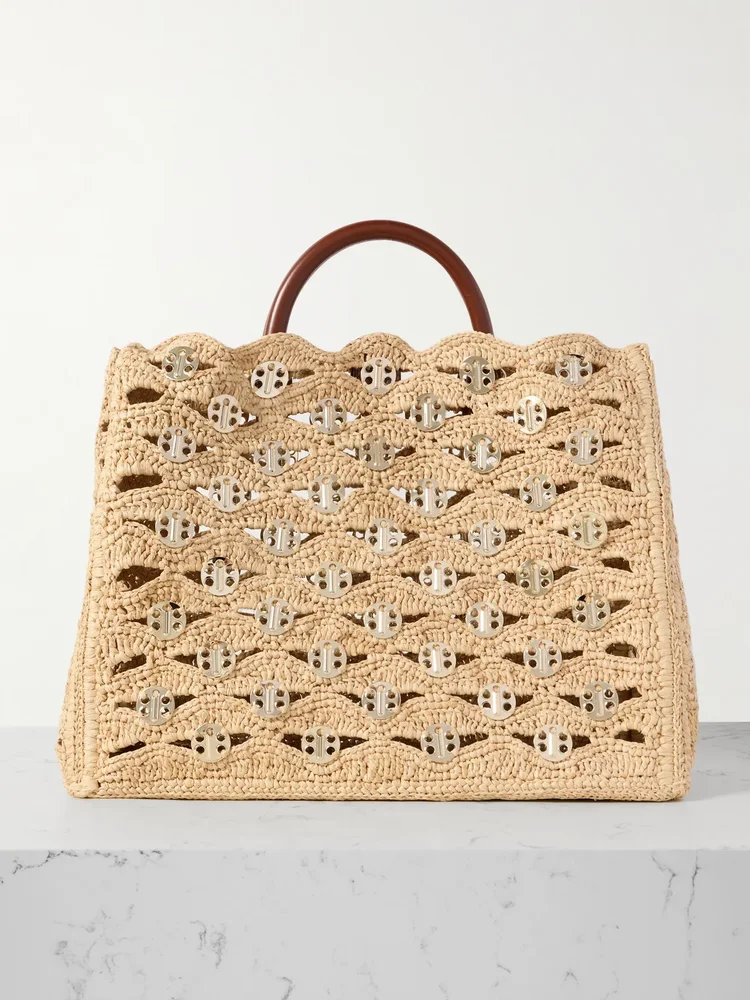 1969 leather-trimmed chainmail-embellished raffia tote