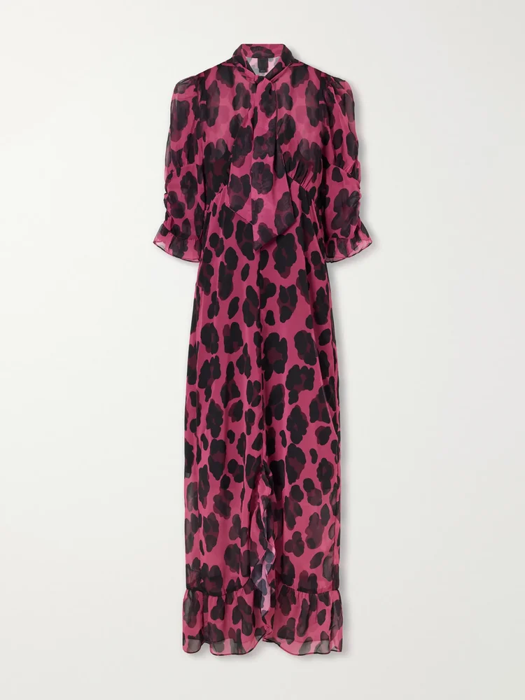 Tie-detailed ruffled animal-print voile midi dress