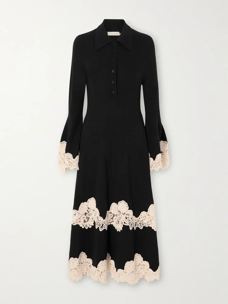 valiant lace trimmed merino wool midi dress