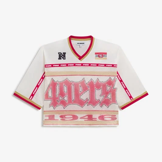 Women's Cream San Francisco 49ers Cropped Mesh V-Neck Top