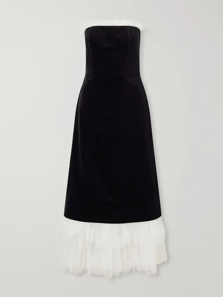 Isabetta strapless tulle and lace-trimmed cotton-velvet midi dress