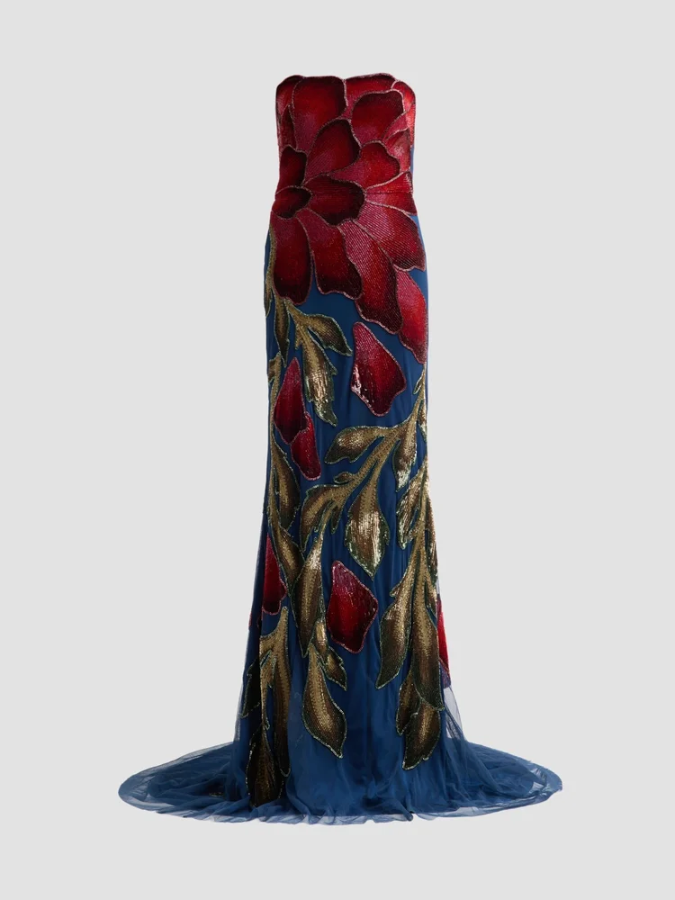 Marie Strapless Beaded Floral Gown