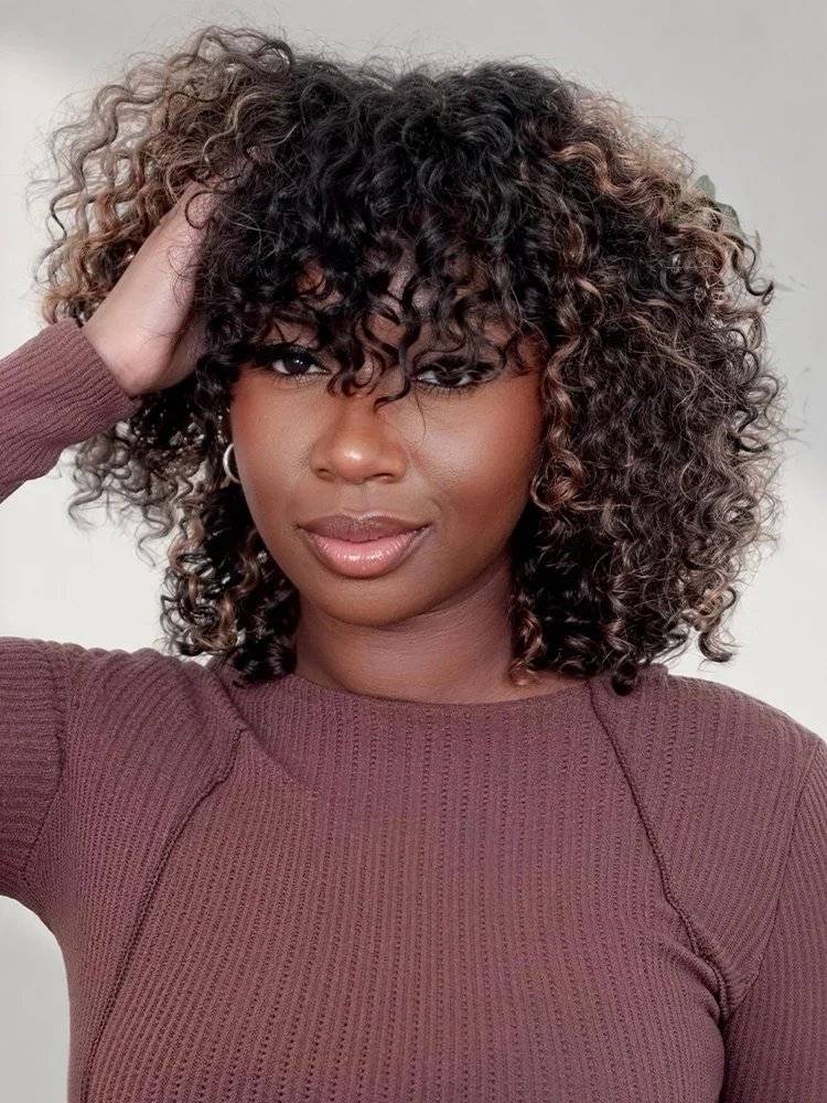 1 SEC INSTALL WIG | Brown Highlight / Natural Black Water Wave Natural Scalp Glueless Minimalist Lace Short Curly Wig with Bangs