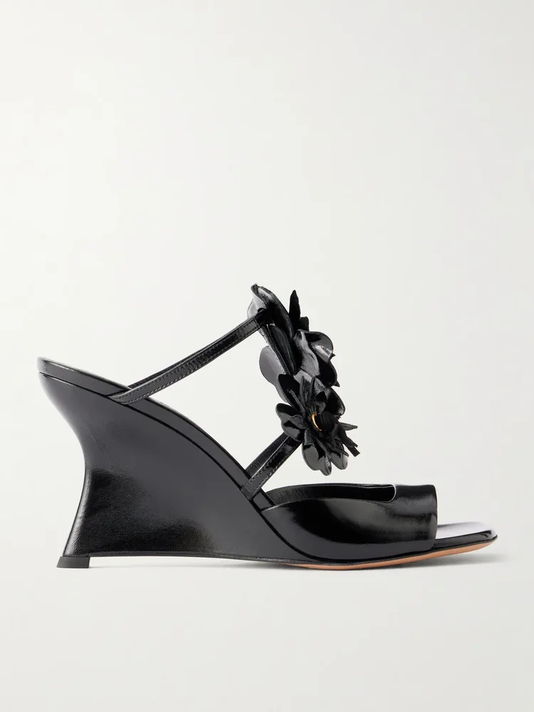 belara embellished leather trimmed suede wedge mules