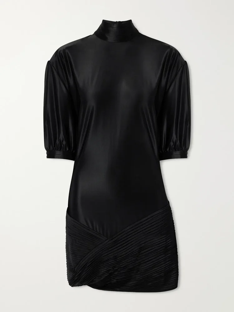 Pleated draped stretch-jersey turtleneck mini dress