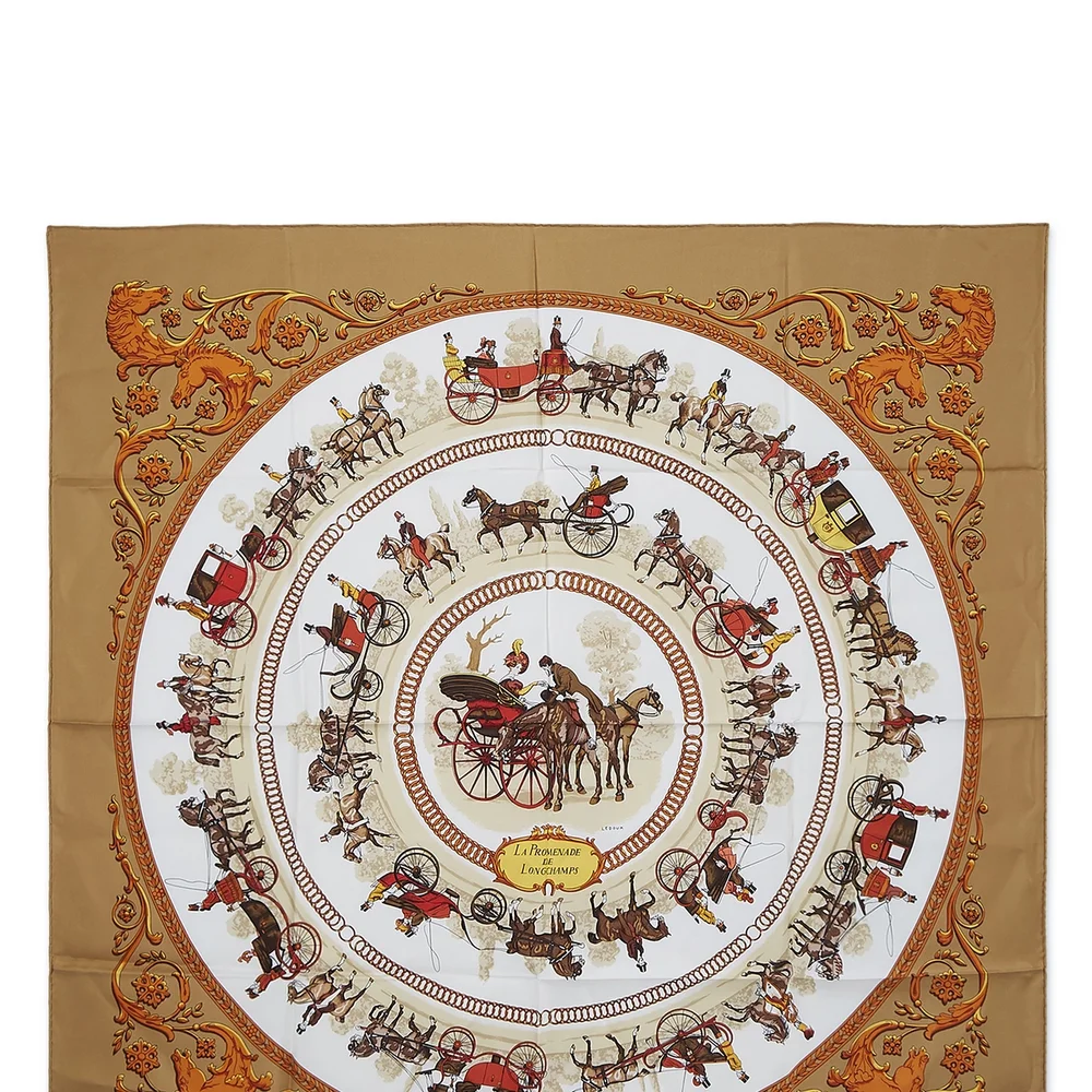 Brown & Multicolor 'La Promenade de Longchamps' Silk Scarf 90