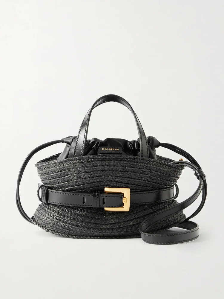 Shuffle mini buckled leather-trimmed raffia shoulder bag