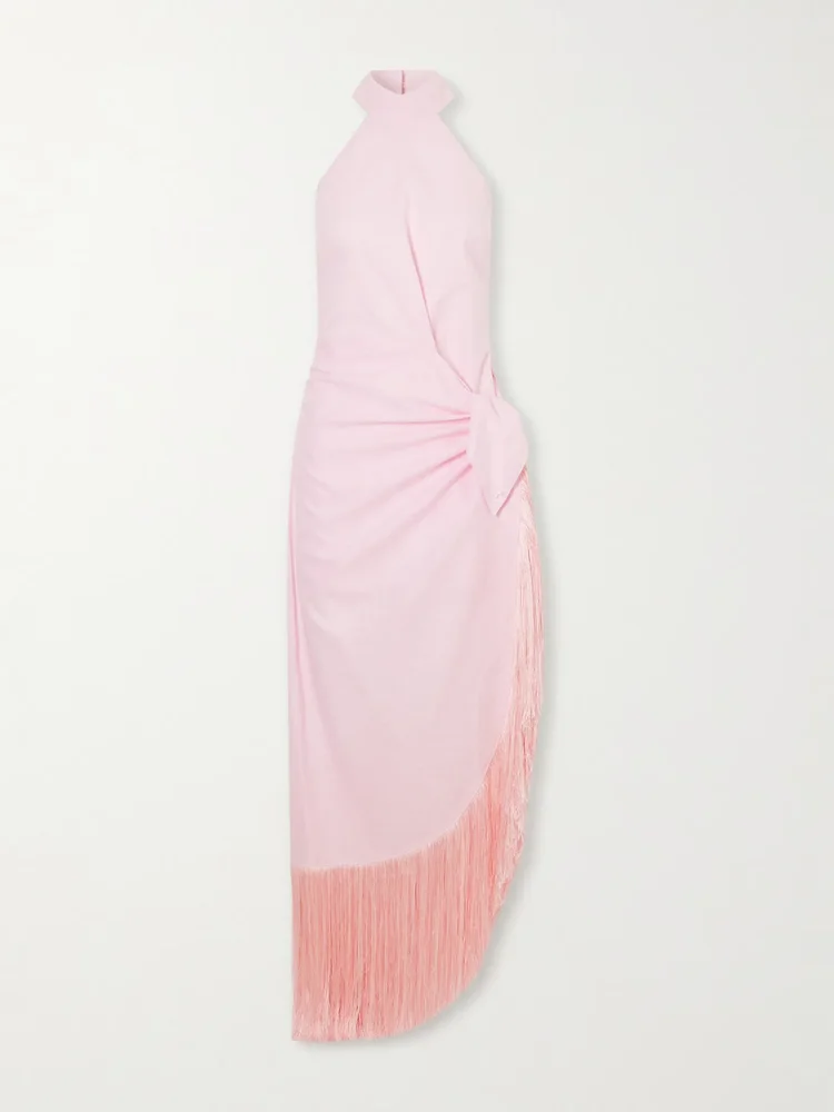 Athena halterneck fringe-trimmed linen midi dress