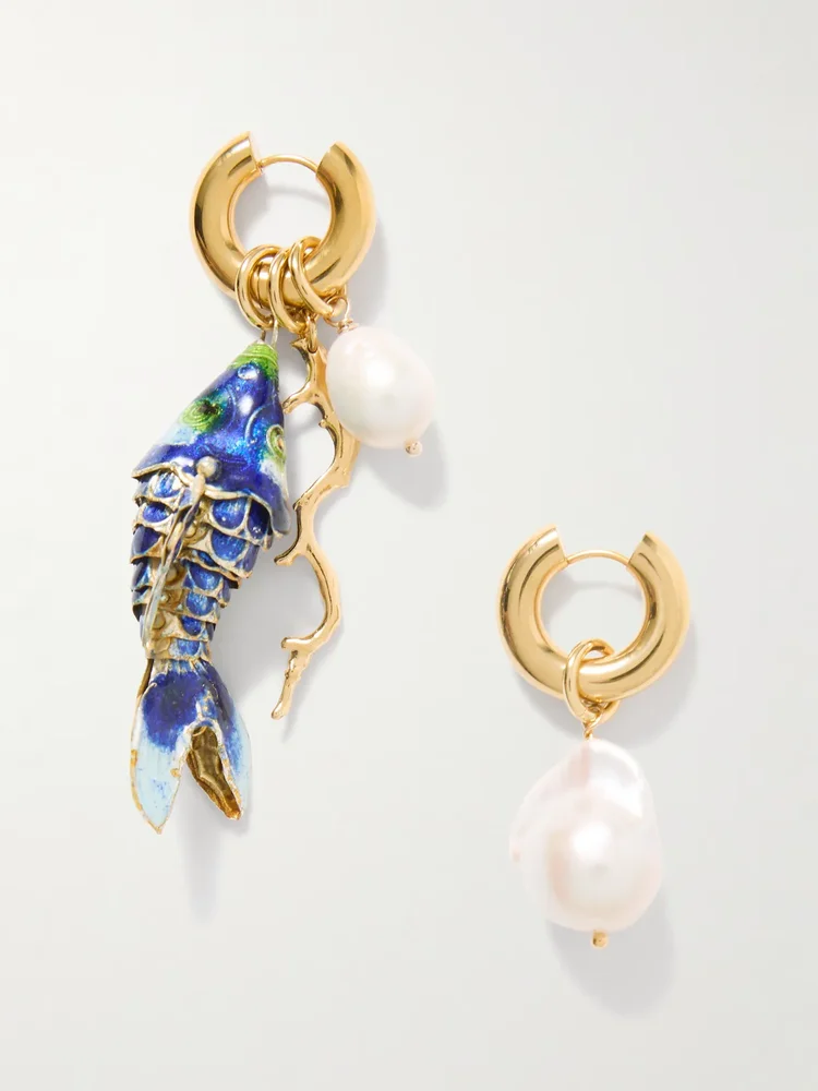 Barrier gold-plated, pearl and enamel hoop earrings