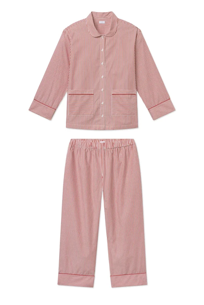 Poplin Piped Long-Long Set in Garnet Riviera Stripe
