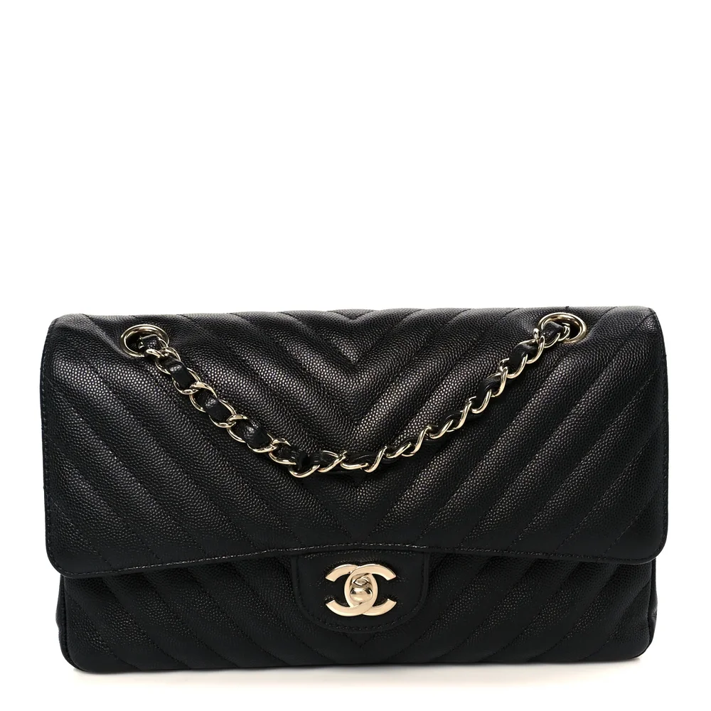Caviar Chevron Quilted Medium Double Flap (Black)
