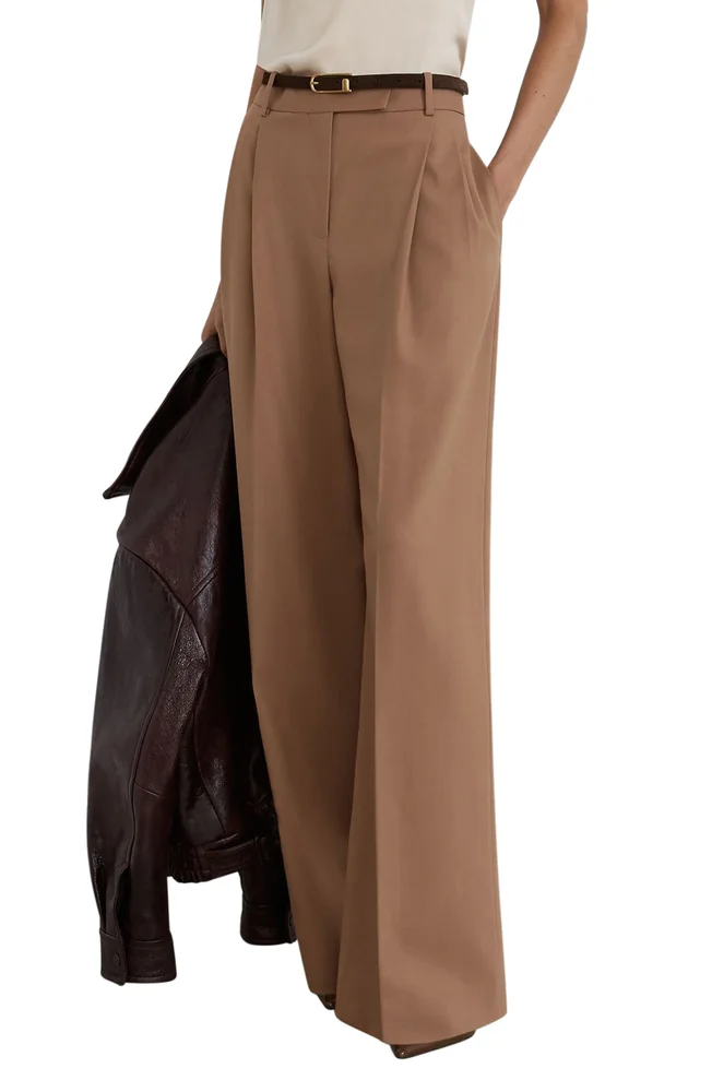 Luna Pleated Wide Leg Wool Blend Trousers, Camel