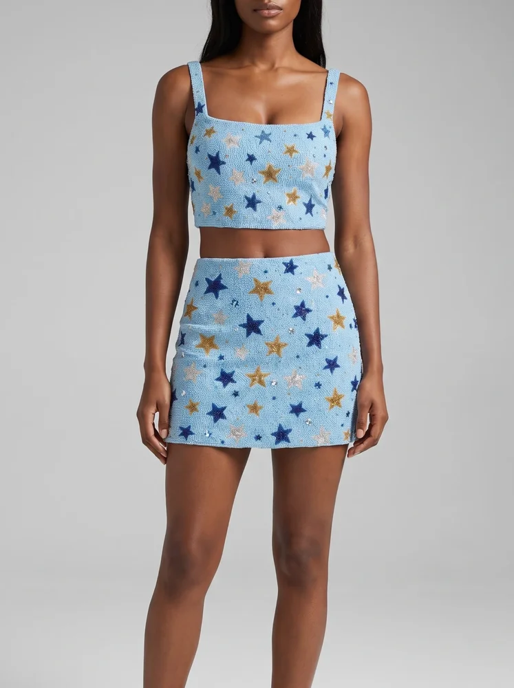 Celestial Night Hand-Beaded Blue Co-ord