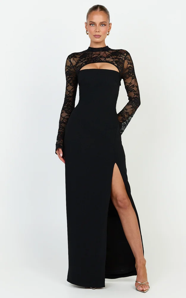 Sia Maxi Dress, Cut Out Lace Contrast Split Leg Dress in Black