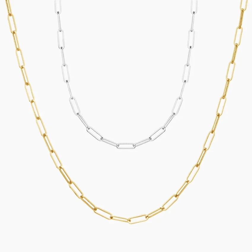 Mixed Metal Paperclip Chain Necklace Set in 14K Yellow Gold and 14K White Gold