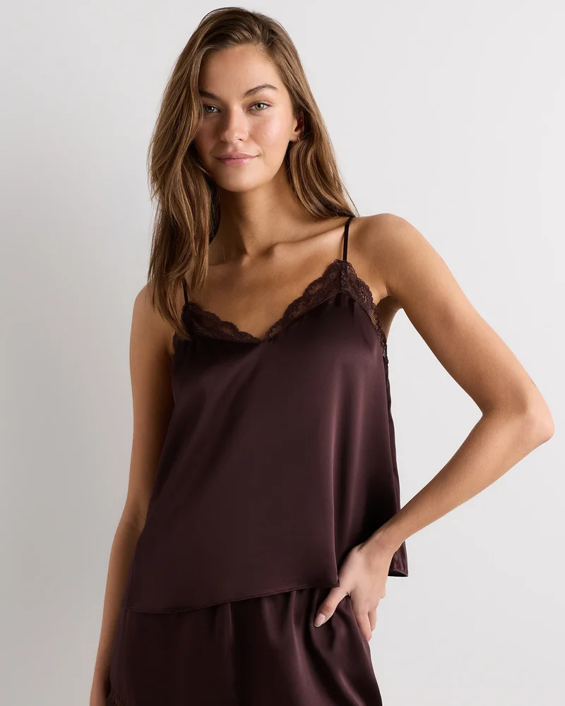100% Washable Silk Satin Lace Cami Pajama Top