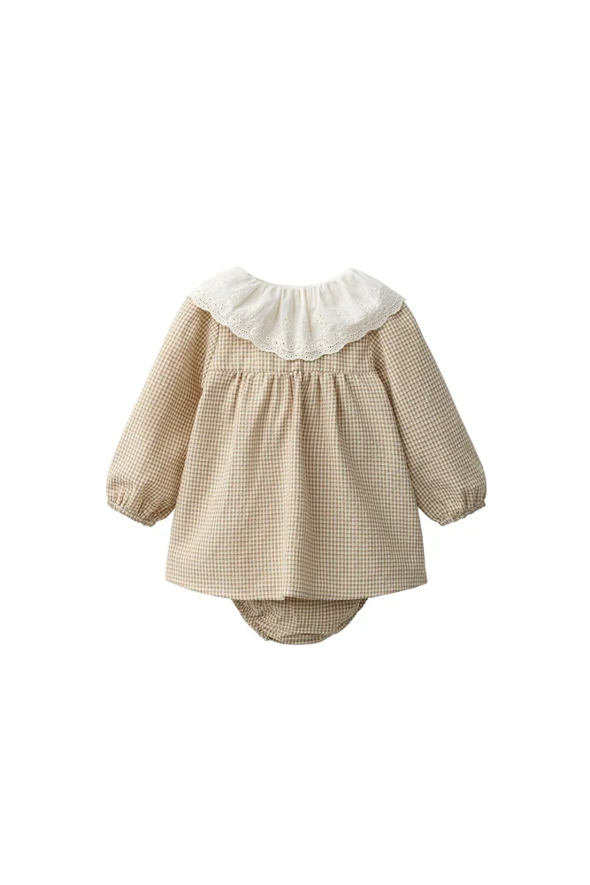 Gingham Dress And Bloomers With Peter Pan Collar