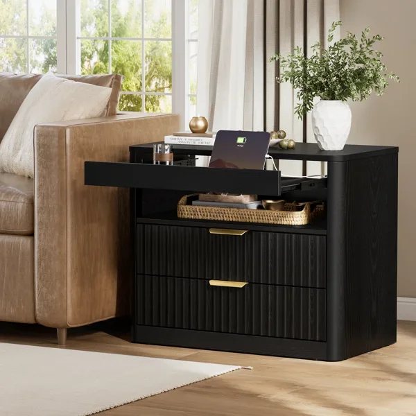 27-inch Nightstand with Charging Station, 2 Drawers and Open Storage