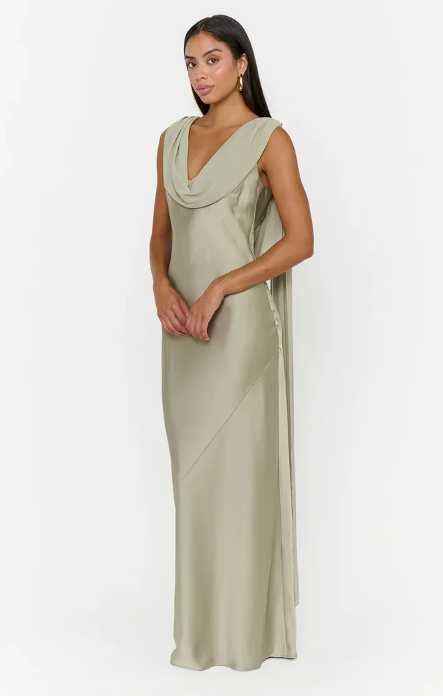 Show Me Your Mumu Maya Maxi Dress ~ Moss Green Luxe Satin