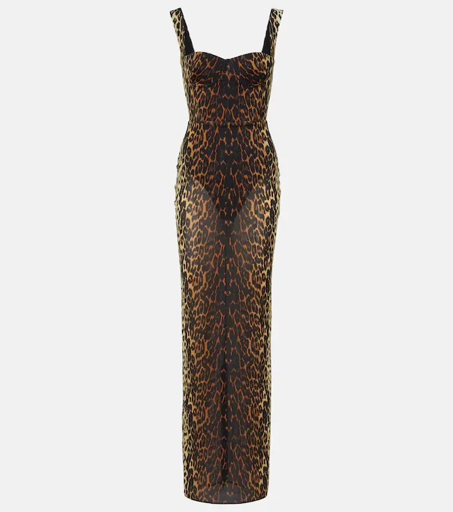 Leopard-print mesh gown