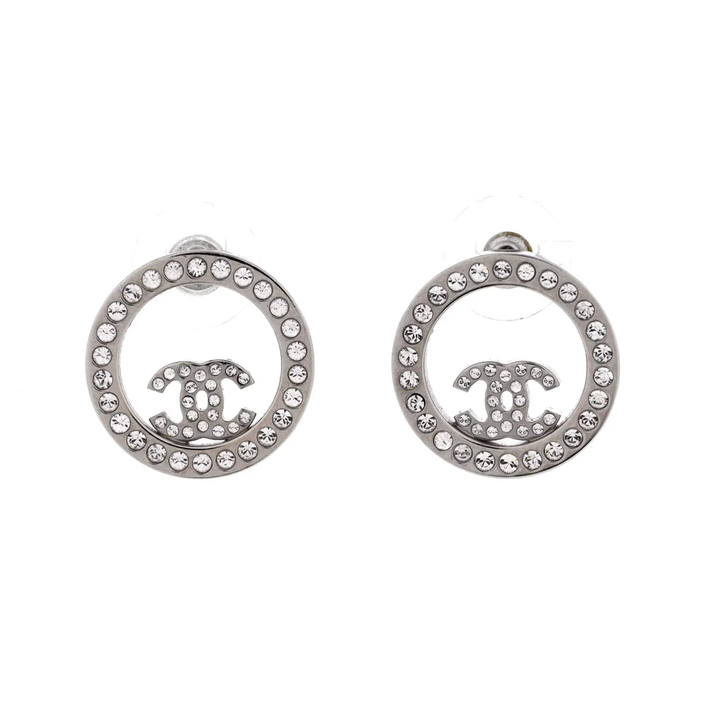 Pre-Owned Round CC Cut Out Stud Earrings Metal with Crystals
