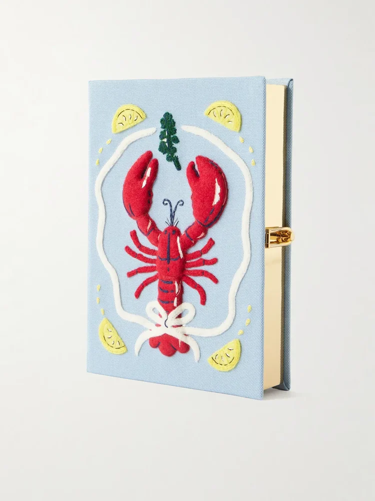 Lobster appliquéd embroidered canvas clutch
