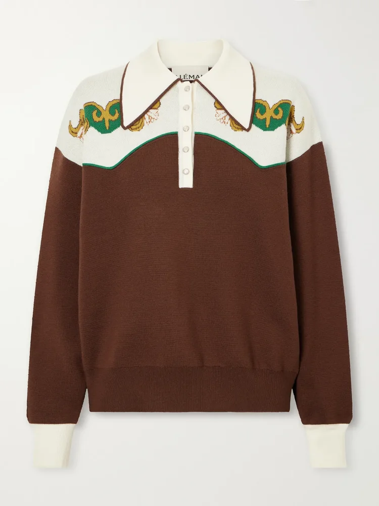 Lasso intarsia-knit merino wool-blend polo sweater