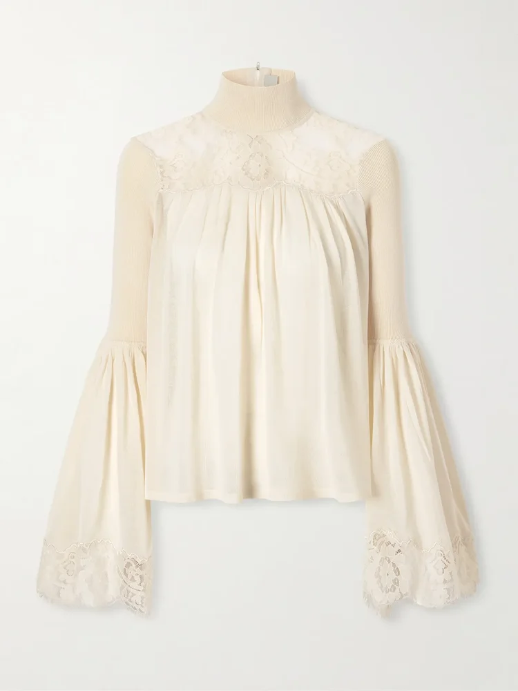 Valiant lace-trimmed Lyocell-blend turtleneck blouse