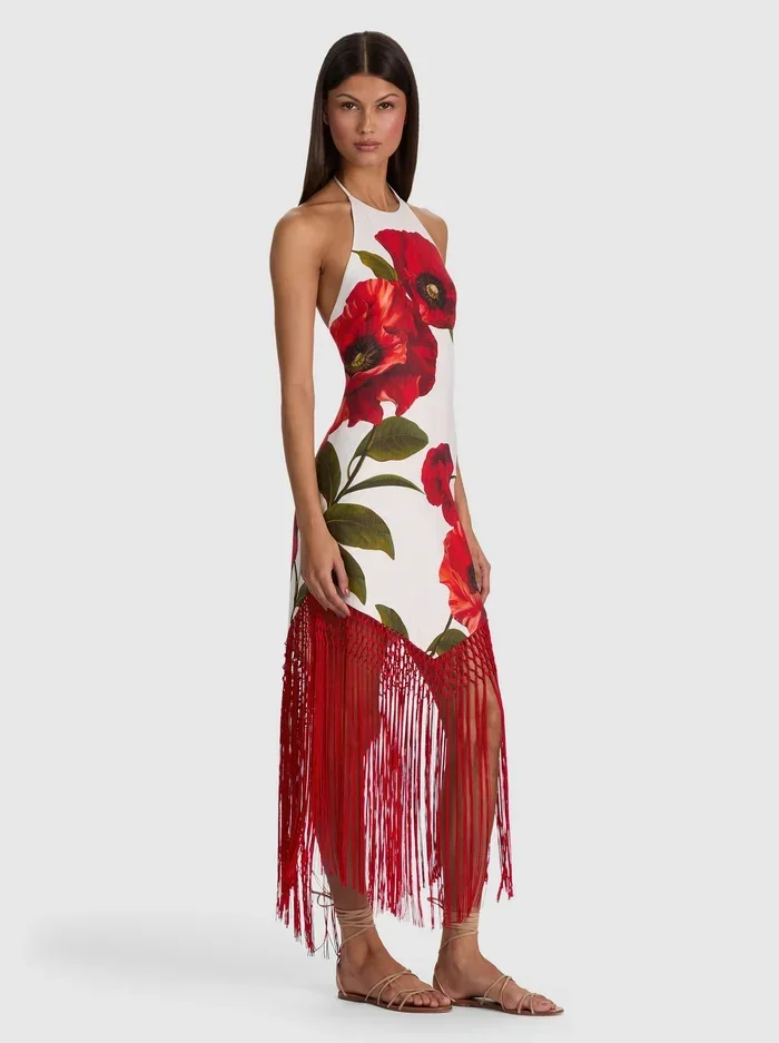 Alice + Olivia MALLORY LINEN FRINGE MIDI DRESS - SUMMER POPPY
