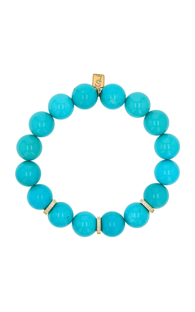14K Yellow Gold Sleeping Beauty Turquoise and Diamond Beaded Bracelet