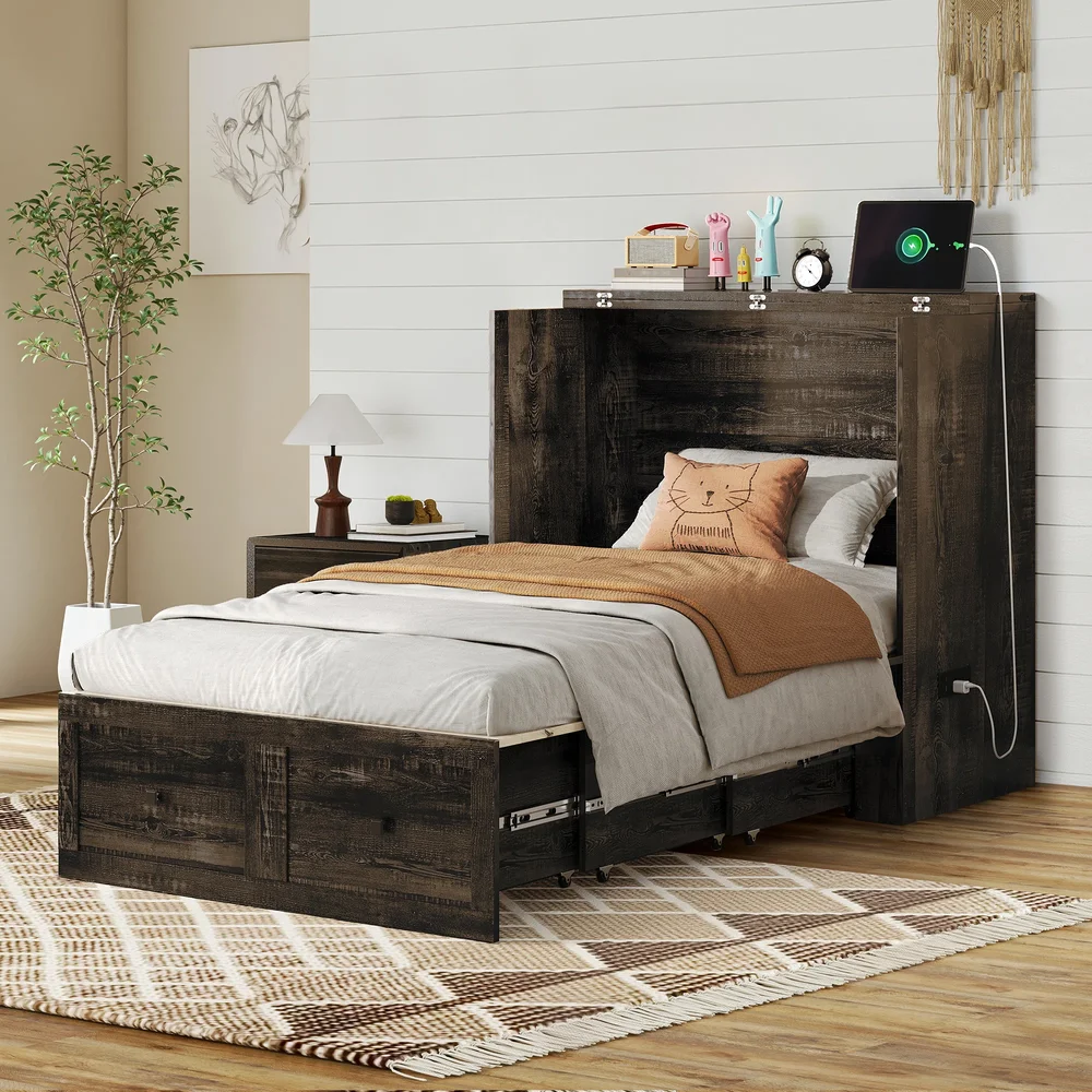 Wilkinson Farmhouse Twin Murphy Bed with Large Storage Drawer and Charging Station