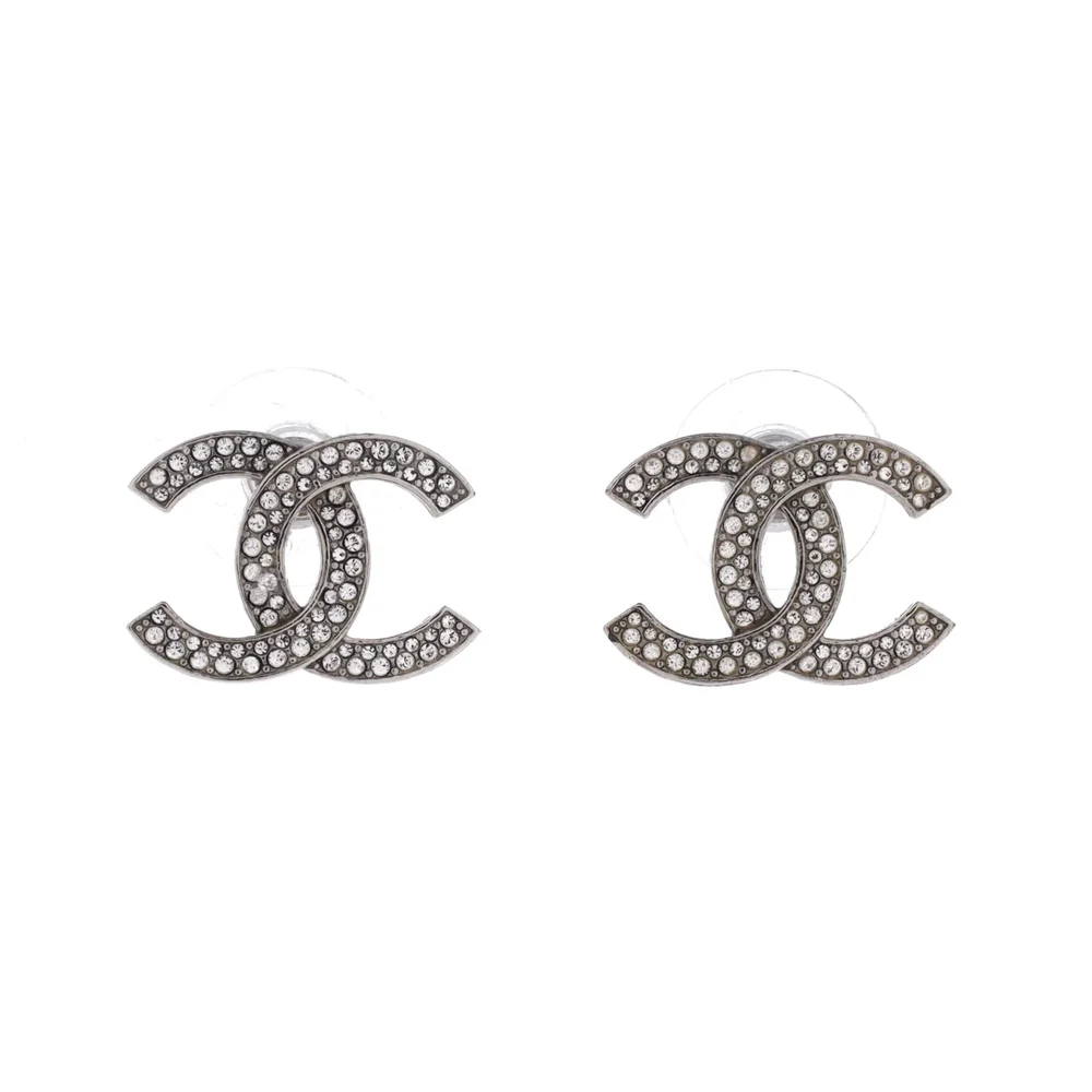 Pre-Owned CC Stud Earrings Metal with Crystals in Metallic