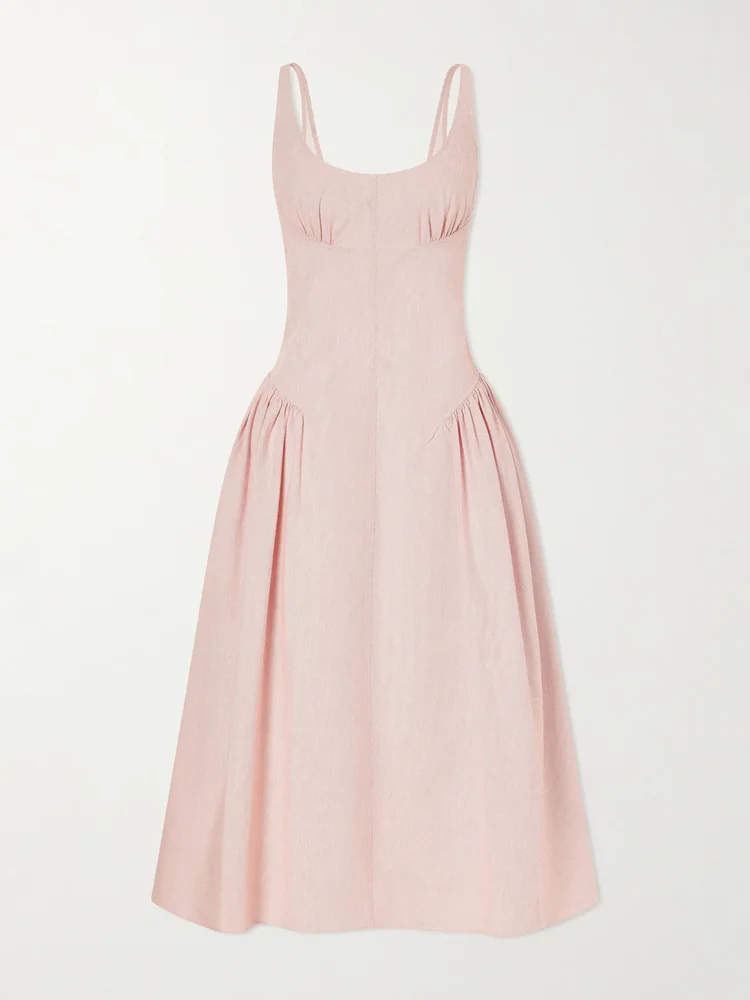 Solira gathered striped cotton-blend seersucker midi dress