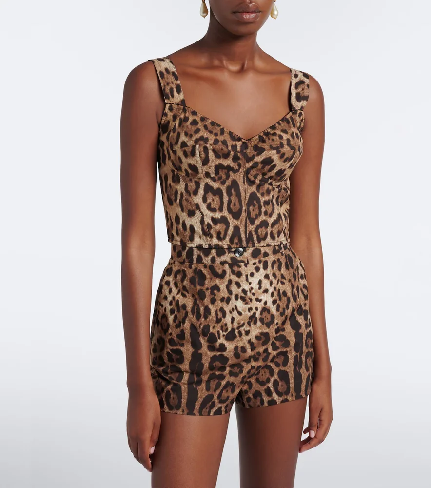 Leopard-print cotton-blend bustier top