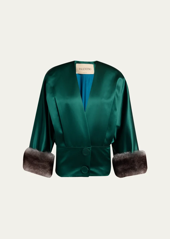 Lamb Shearling Cuffs Single-Breasted Silk Coat