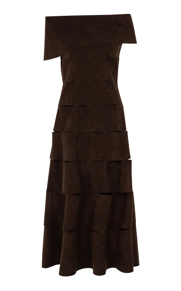 Open Shoulder Faux Suede Midi Dress