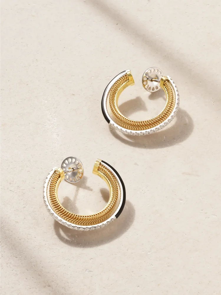 18-karat yellow and white gold, diamond and enamel earrings