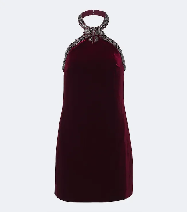 Embellished halterneck velvet minidress