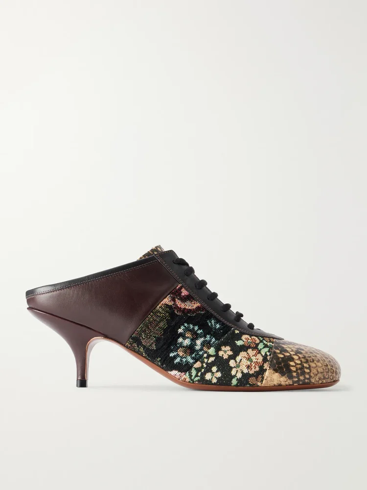 Jacquard-trimmed snake-effect leather pumps