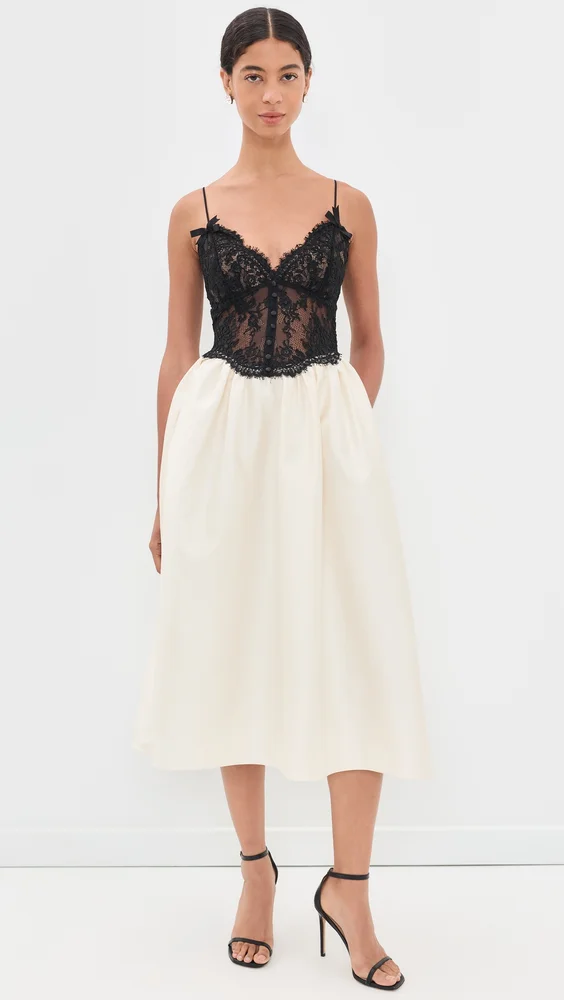 Taffeta Contrast Lace Midi Dress