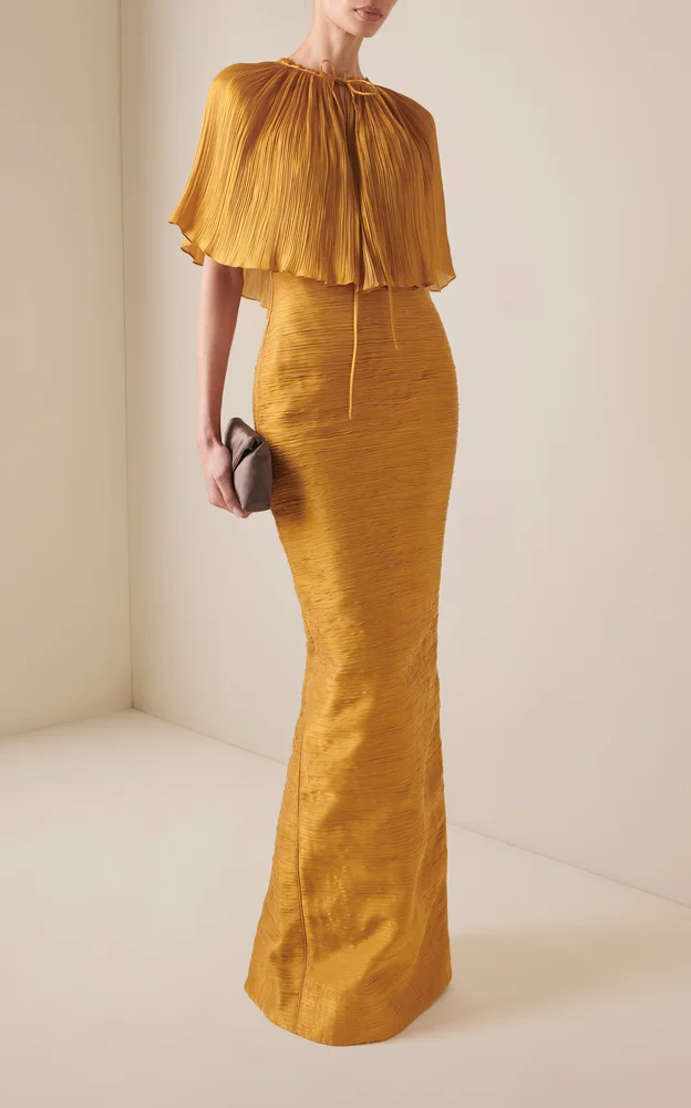 Strapless Plissé Column Gown with Cape
