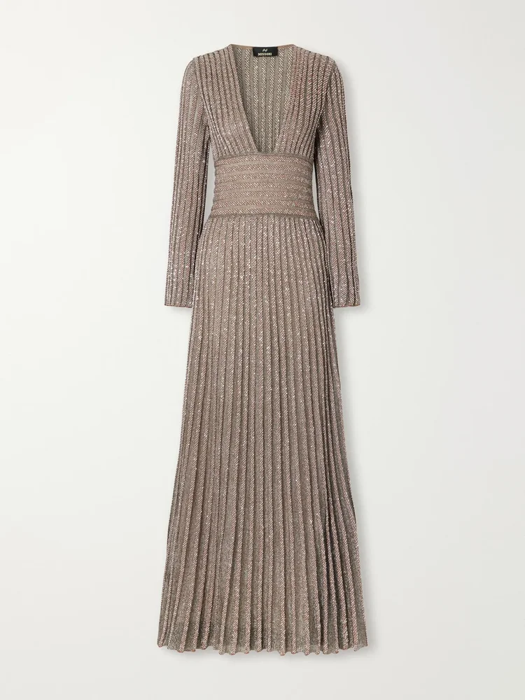 ribbed metallic crochet knit maxi dress