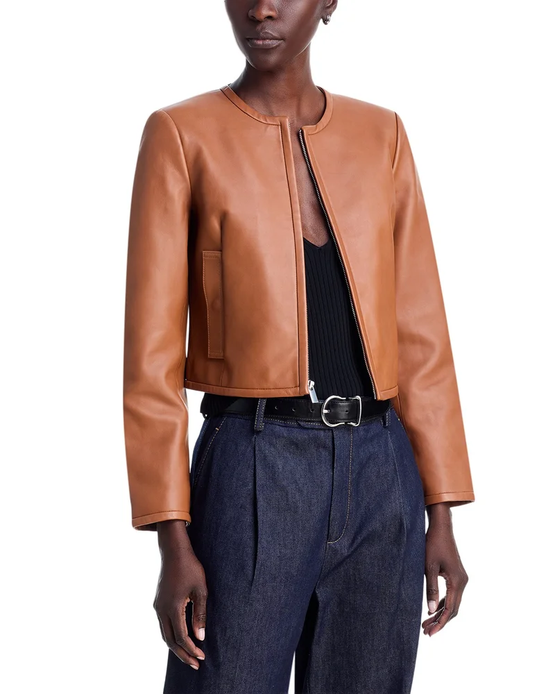 Collarless Crop Leather Jacket