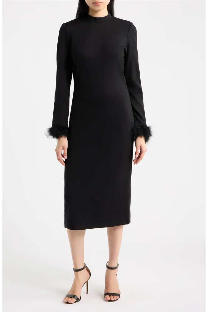 Feather Trim Long Sleeve Cocktail Sheath Dress