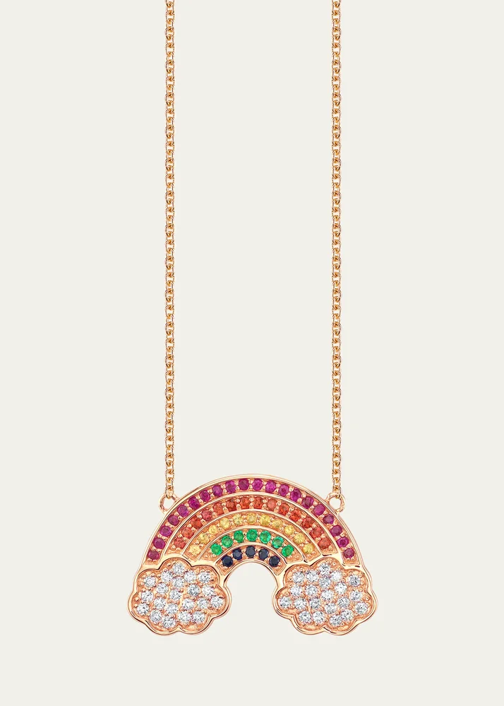 14K Large Pave Rainbow with Clouds Pendant Necklace