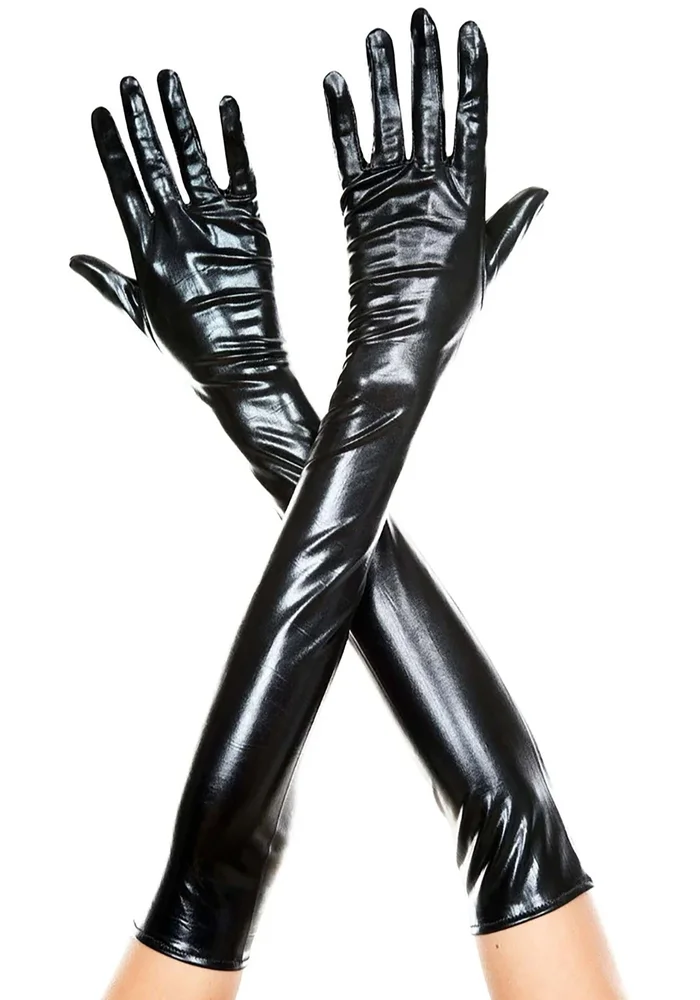 Extra Long Black Faux Patent Leather Gloves for Women