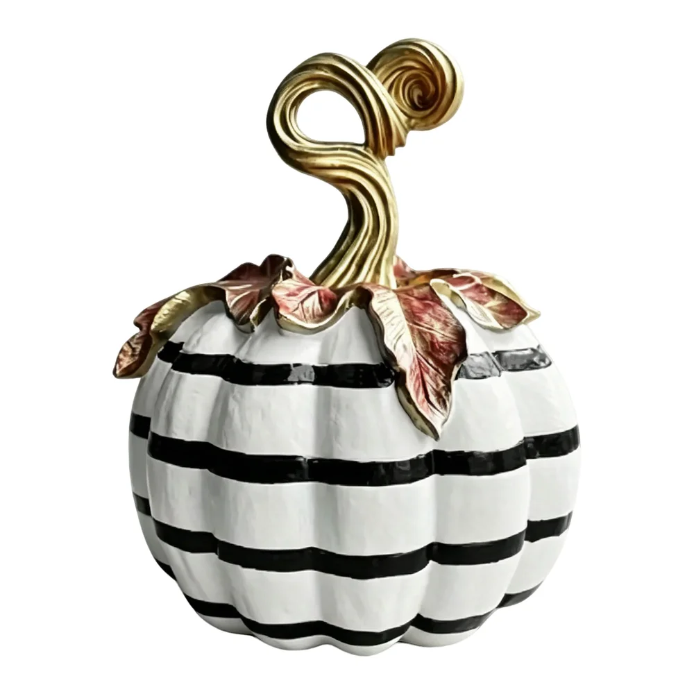 Hand Painted Black White Resin Pumpkin Decor