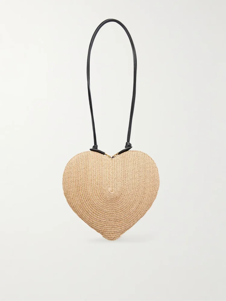 Le Coeur leather-trimmed raffia shoulder bag