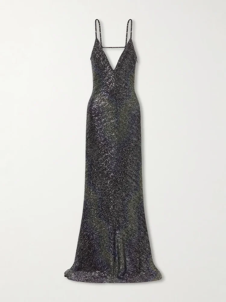 Sequin-embellished metallic crochet-knit maxi dress